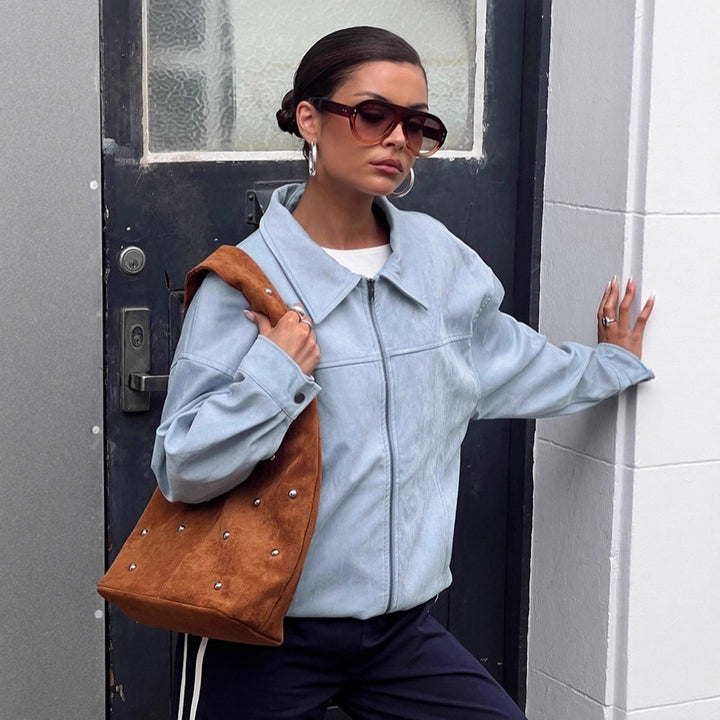 Damen elegante Kunstlederjacke mit modischen Akzenten Drune