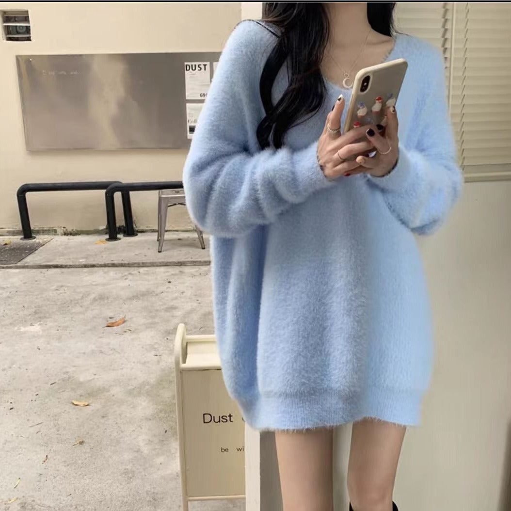 Damen flauschiger Pullover mit tiefem V-Ausschnitt und weiten Ärmeln Drune