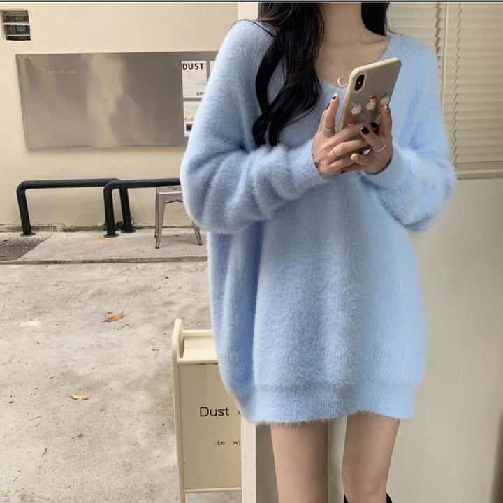 Damen flauschiger Pullover mit tiefem V-Ausschnitt und weiten Ärmeln Drune