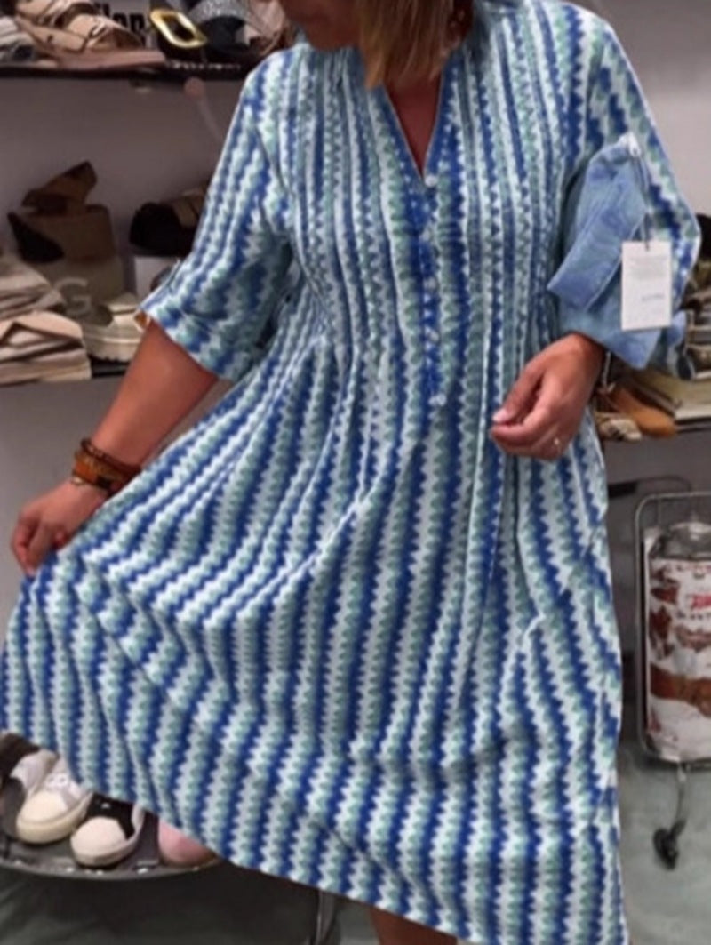 Damen nan Midikleid mit Unterbrustnaht, V-Ausschnitt, Knopfleiste und krempelbaren dreiviertelärmeln Drune
