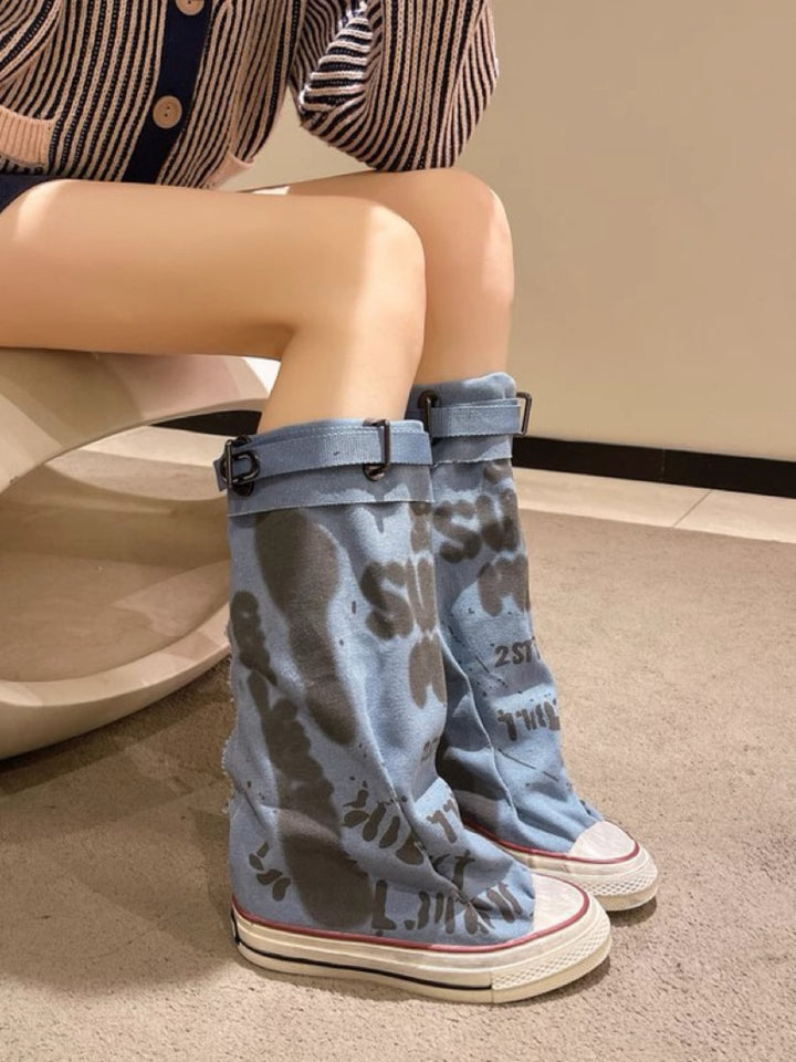 Damen Lässige Canvas-Plateau-Sneaker mit geschlitztem Schaft und Schnallenriemen Drune
