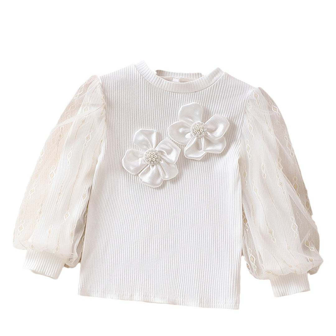 Mädchen modische Bluse mit transparenten Puffärmeln und floralen Akzenten Drune