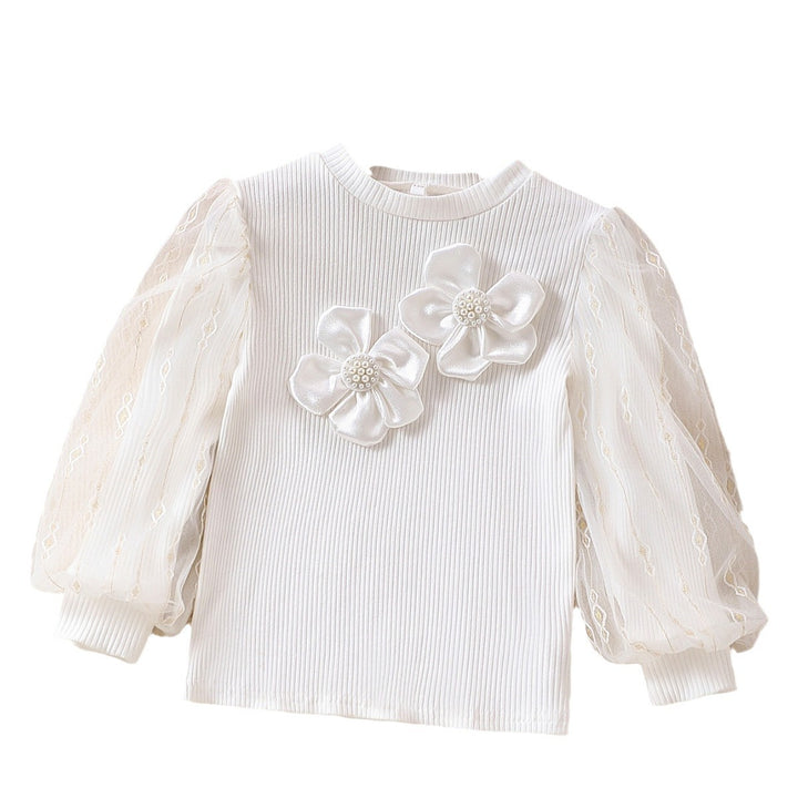 Mädchen modische Bluse mit transparenten Puffärmeln und floralen Akzenten Drune
