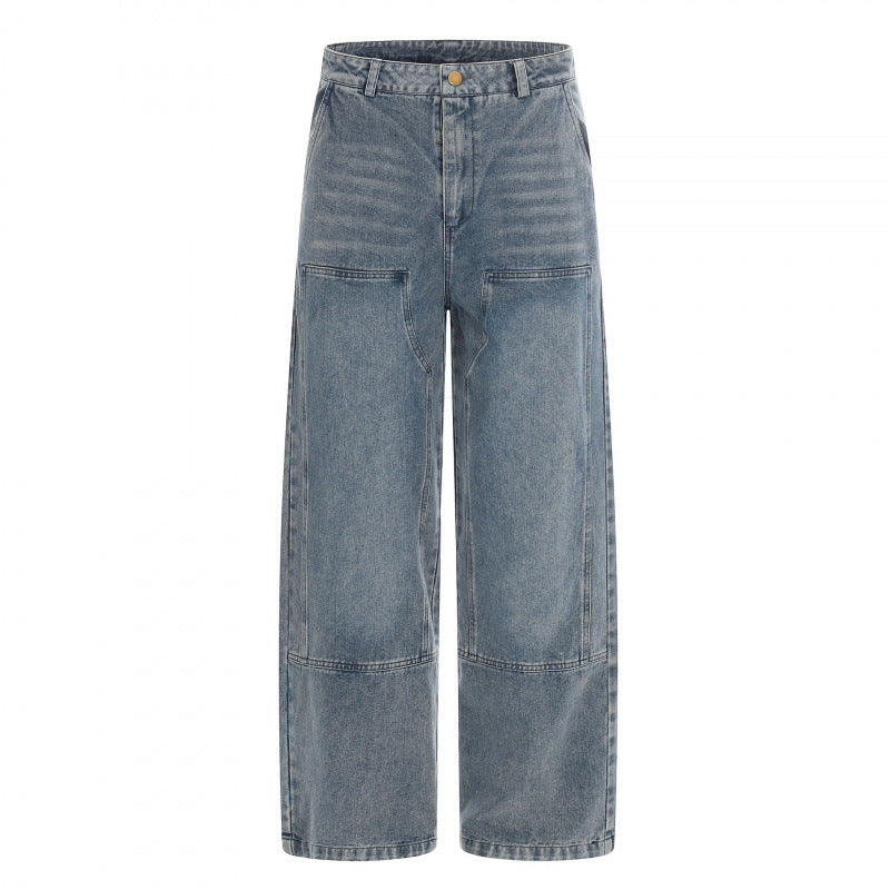 Damen hochgeschnittene Weitbein-Jeans im Utility-Look mit aufgesetzten Taschen Drune