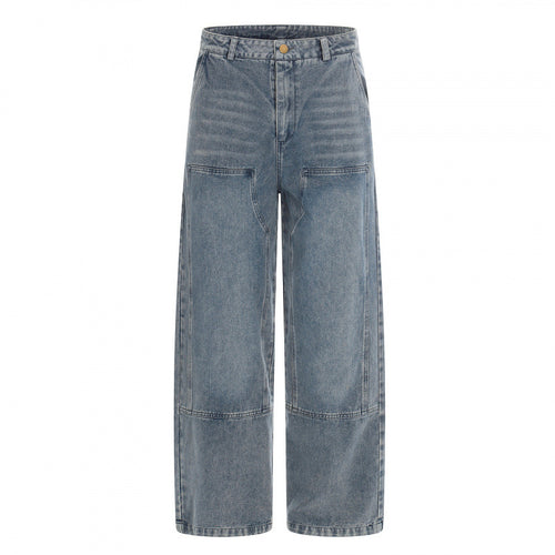 Damen hochgeschnittene Weitbein-Jeans im Utility-Look mit aufgesetzten Taschen Drune