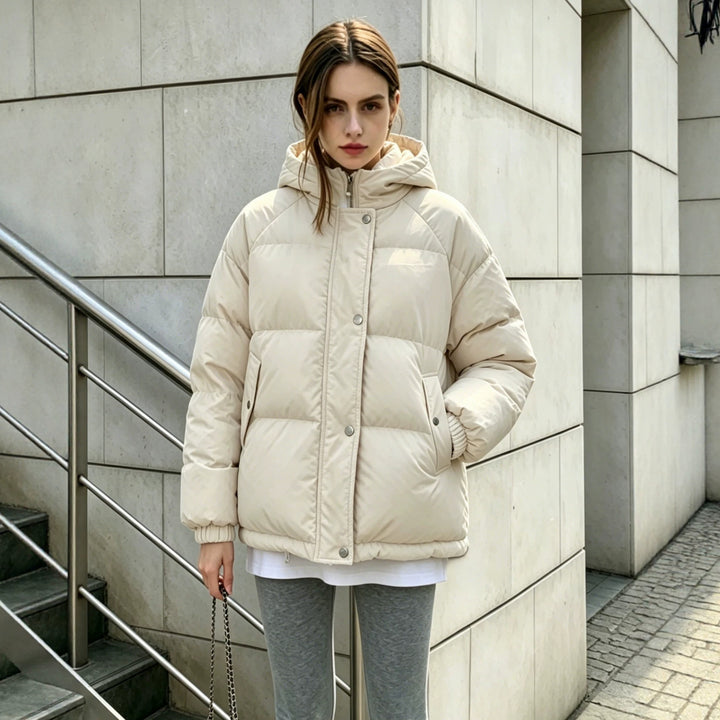 Damen Oversize-Steppmantel mit Kapuze, Druckknopfleiste und elastischem Saum Drune