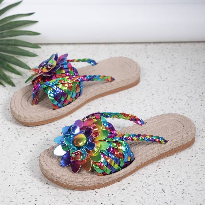 Damen Geflochtene Zehentrenner‑Sandalen mit XXL‑Blütenapplikation und gepolstertem Komfortfußbett Drune