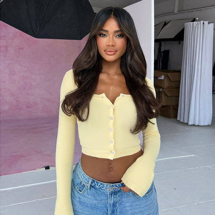 Damen Cropped Langarmshirt mit Knopfleiste und weitem Ausschnitt Drune