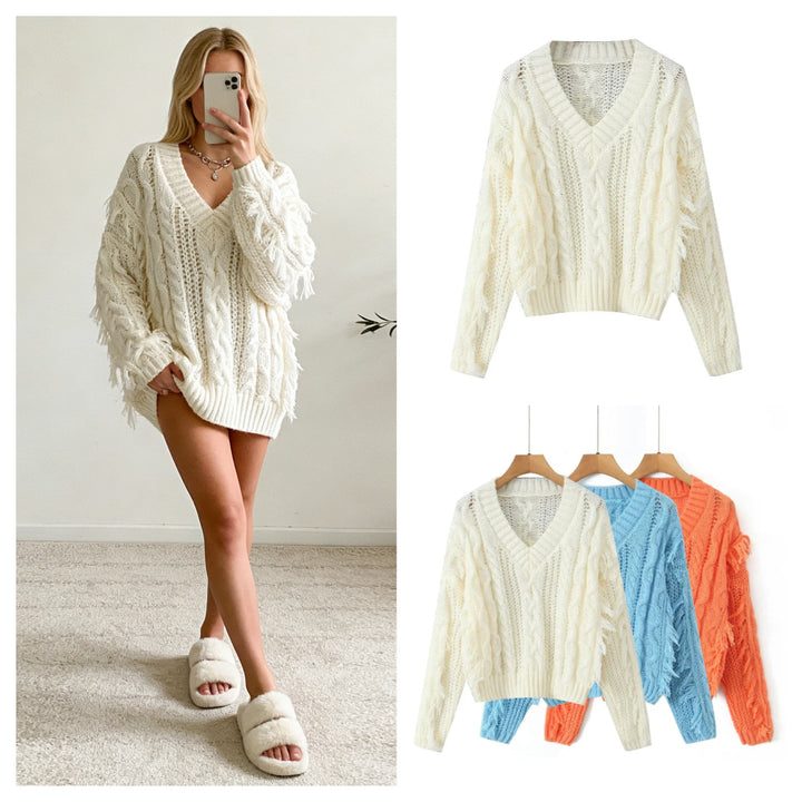 Damen Grobstrickpullover mit tiefem V-Ausschnitt und Fransen Drune