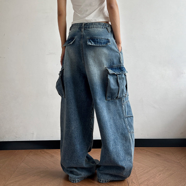 Damen Ultraweite Palazzodenim-Cargohose mit tiefem Schritt und übergroßen Klappentaschen Drune