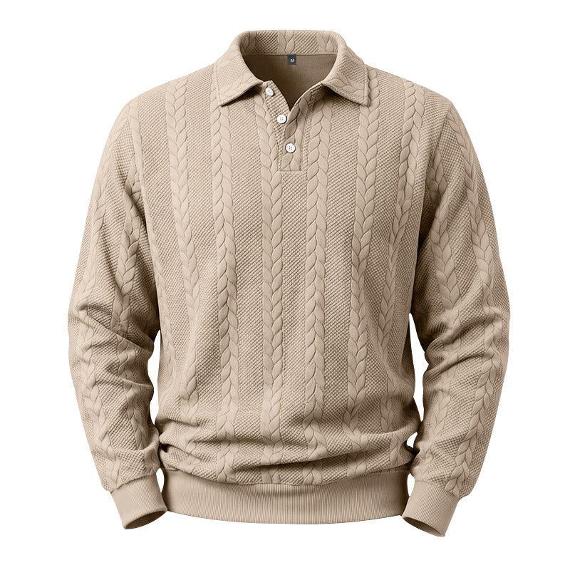 Herren Gestricktes Polo-Sweatshirt mit Zopfstrickmuster und Knopfleiste Drune