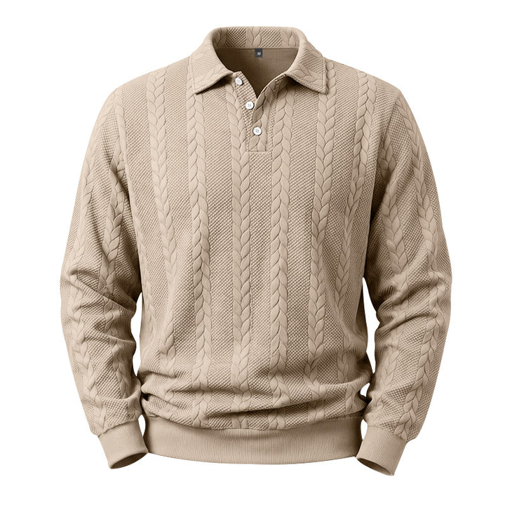 Herren Gestricktes Polo-Sweatshirt mit Zopfstrickmuster und Knopfleiste Drune