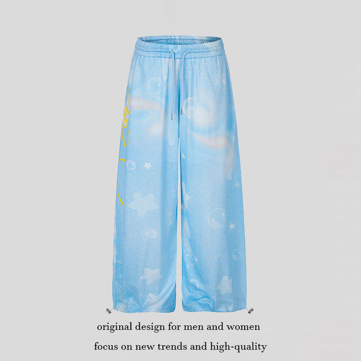 Damen Weite Mesh‑Palazzo‑Loungehose mit elastischem Komfortbund und Stern-Bubble-Print Drune