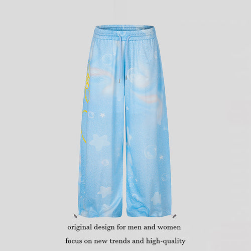 Damen Weite Mesh‑Palazzo‑Loungehose mit elastischem Komfortbund und Stern-Bubble-Print Drune