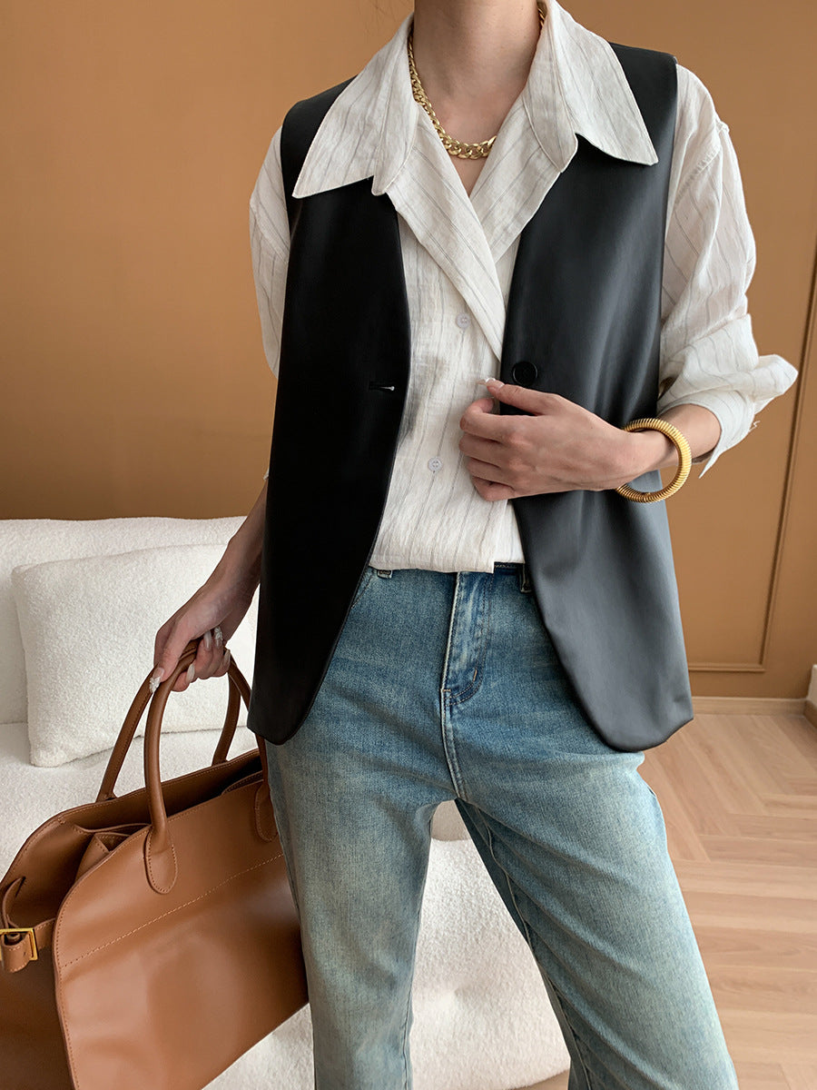 Damen elegante Weste aus veganem Leder mit schickem Schnitt Drune
