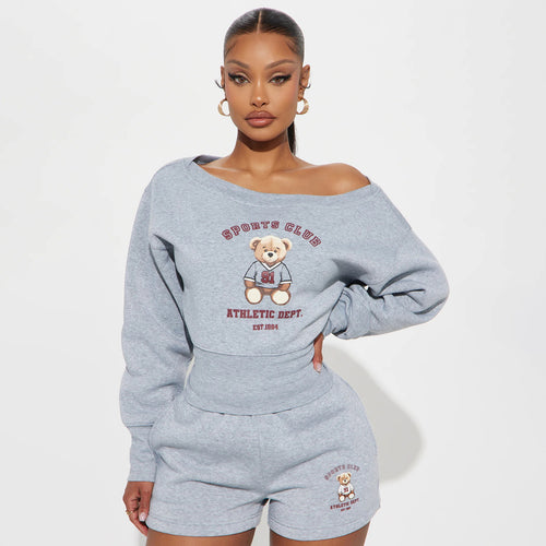 Damen lässiges Freizeitset mit grafischem Bear-Motiv und komfortablem Schnitt Drune