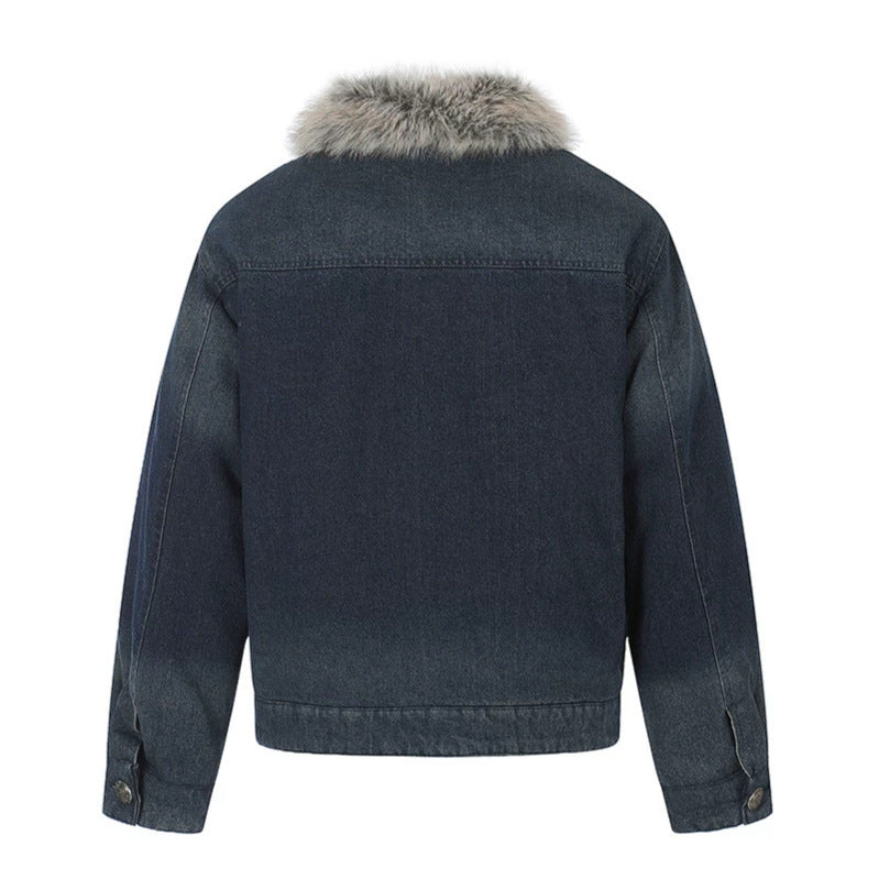 Damen Jeansjacke mit Kunstfellkragen und militärischen Zierknöpfen Drune
