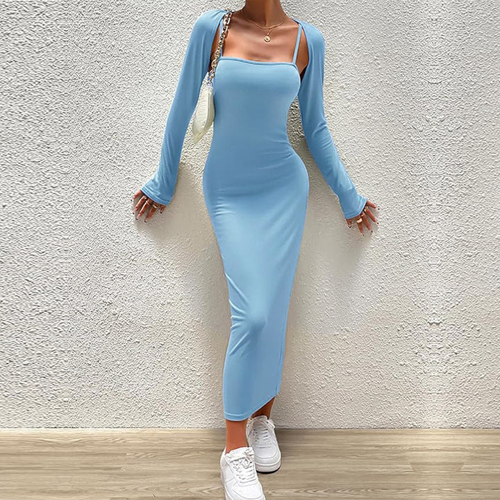 Damen schlankes Maxikleid mit Spaghettiträgern und abnehmbaren Bolero-Ärmeln Drune