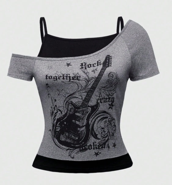 Damen Asymmetrisches Rock-T-Shirt mit grafischem Druck Drune