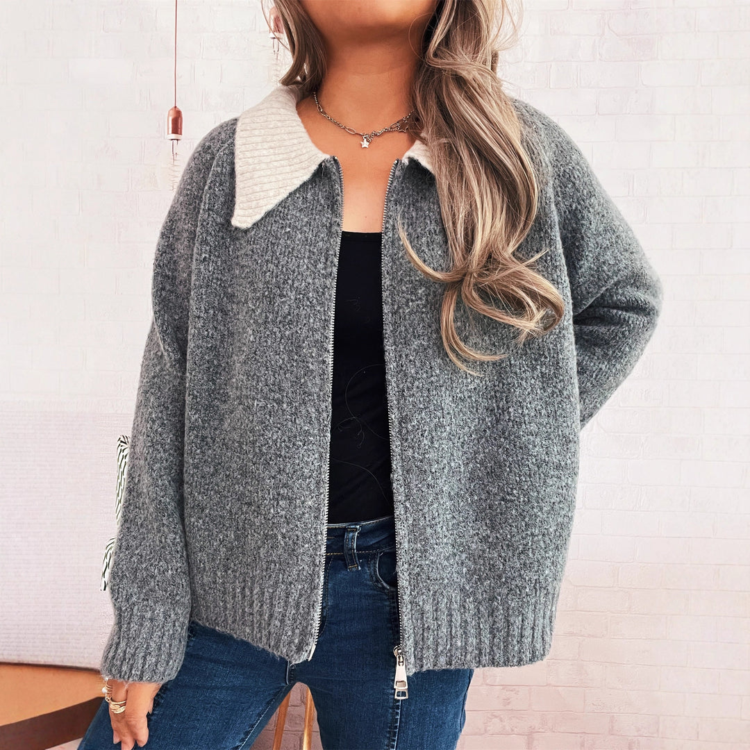 Damen lässige Strickjacke mit kontrastierendem Kragen und durchgehendem Reißverschluss Drune