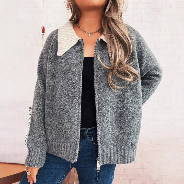 Damen lässige Strickjacke mit kontrastierendem Kragen und durchgehendem Reißverschluss Drune