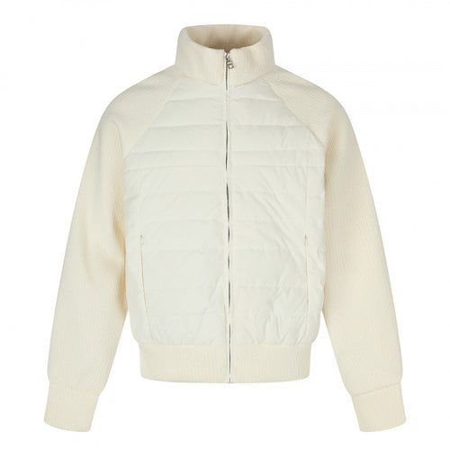 Damen Hybrid-Steppjacke mit gesteppter Front, Grobstrickärmeln und hohem Stehkragen Drune