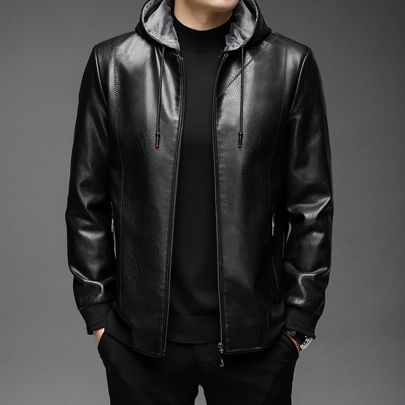 Herren Lederimitat-Hoodiejacke mit Kapuze, Reißverschluss und schmaler Silhouette Drune