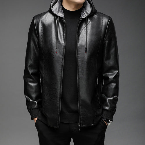 Herren Lederimitat-Hoodiejacke mit Kapuze, Reißverschluss und schmaler Silhouette Drune