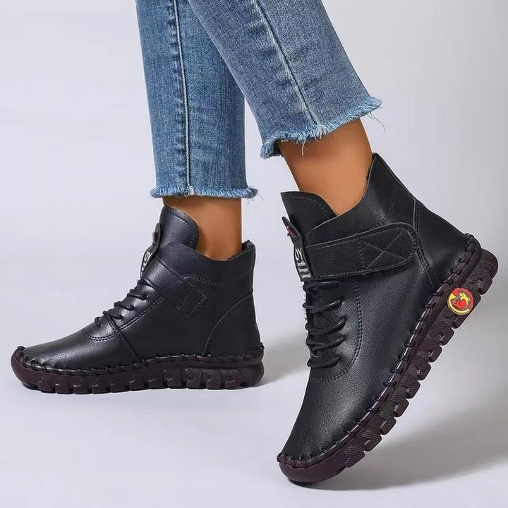Damen nan knöchelhohe Freizeitboots mit Klettverschluss, elastischer Schnürung und markanter Profilsohle Drune