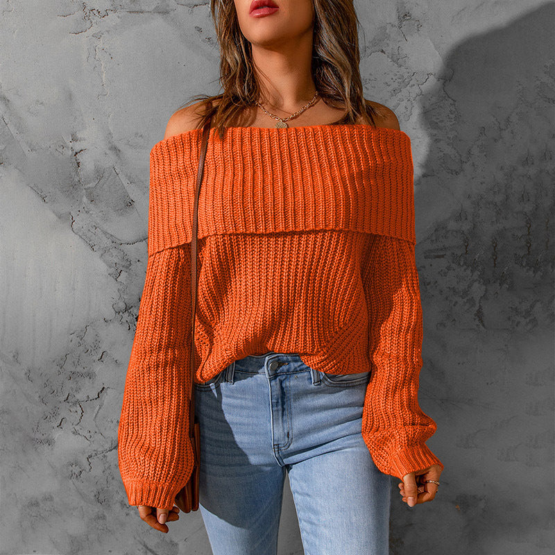 Damen nan weiter Off-Shoulder Grobstrickpullover mit überschnittener Schulterpartie und ballonärmeln Drune