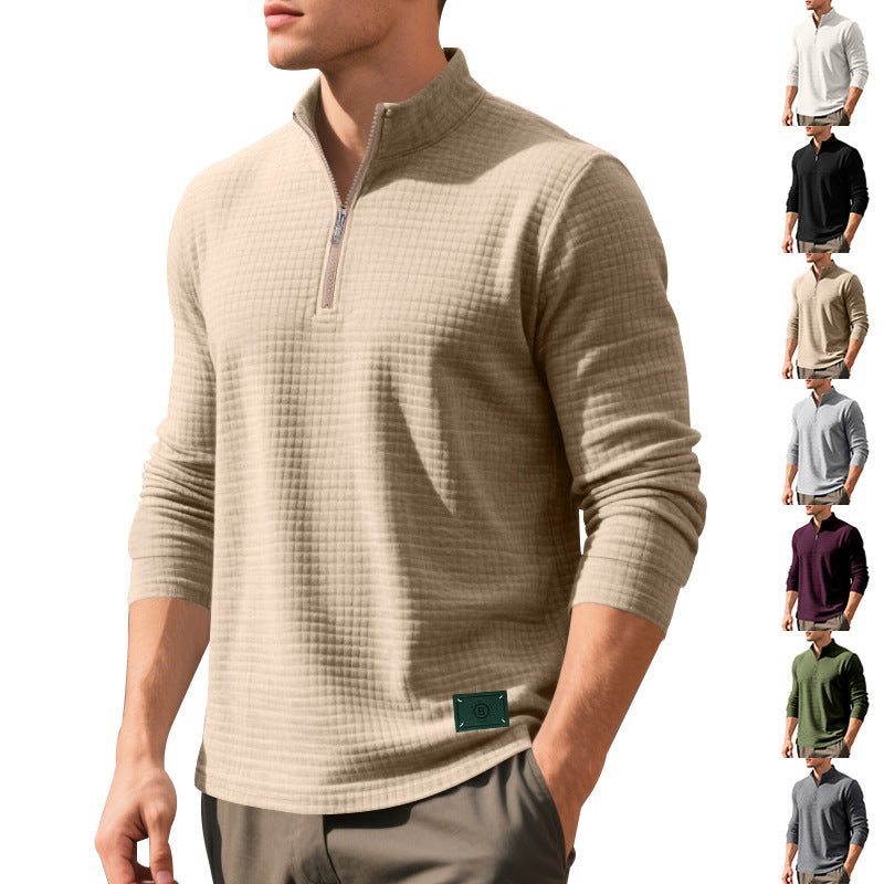 Herren nan leichter Waffelstrick-Pullover mit kurzem Kragenreißverschluss und gerundetem Saum Drune