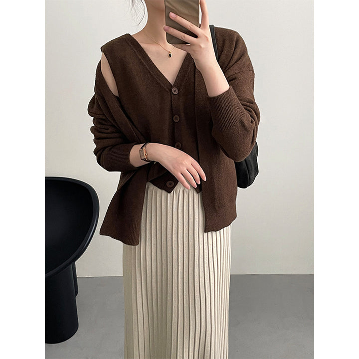 Damen Modische Strickjacke mit V-Ausschnitt und Knopfverschluss Drune