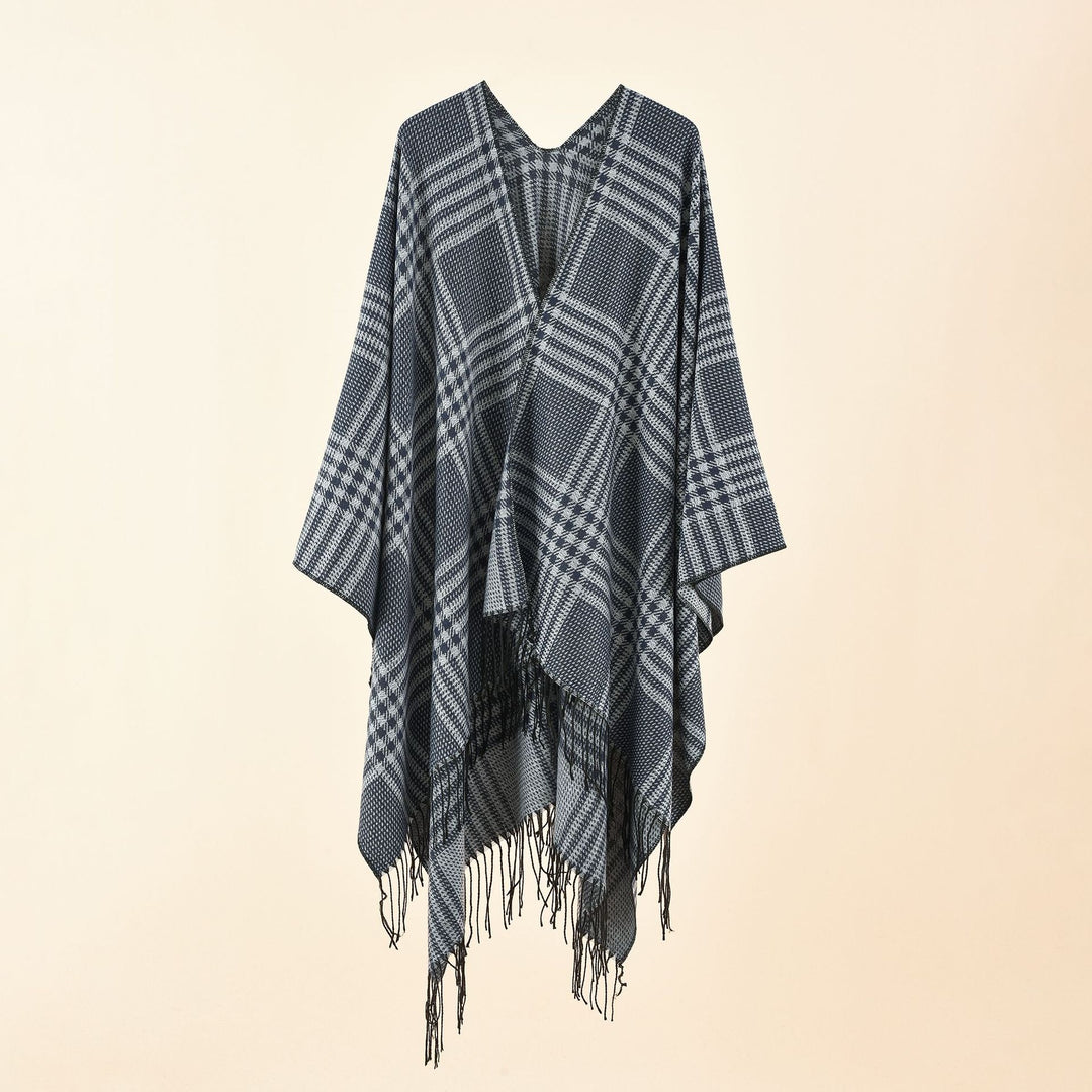 Damen Ruana-Poncho mit V‑Ausschnitt, kastigem Kimono-Fall und Fransensaum Drune