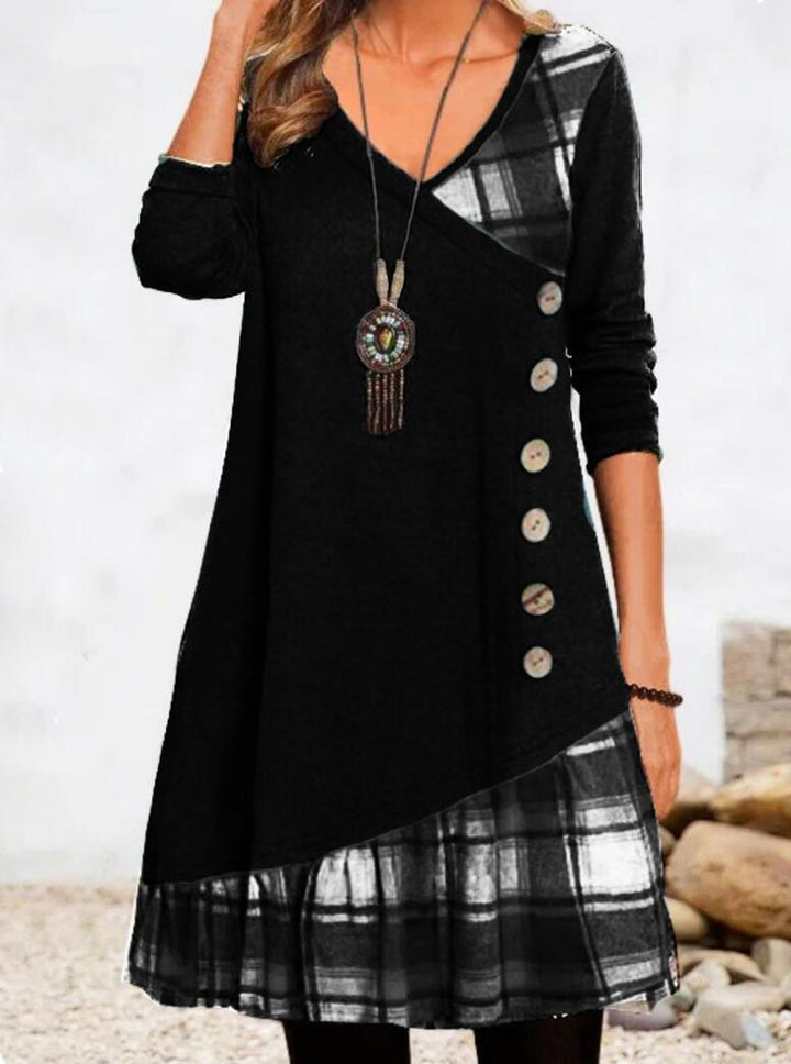 Damen nan asymmetrisches V-Ausschnitt-Tunika-Kleid mit Zierknopfleiste und Animalprint-Besatz Drune