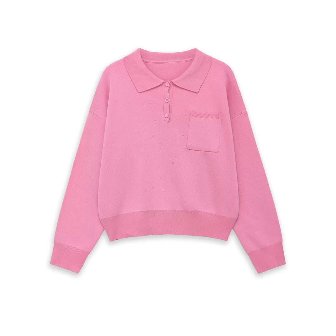 Damen Strick-Polo-Pullover mit Knopfleiste, Brusttasche und überschnittener Schulter Drune