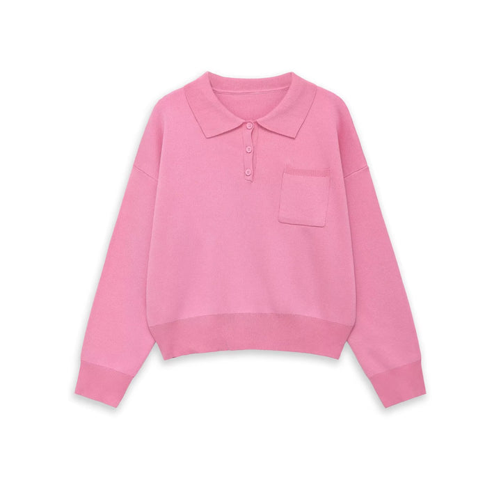 Damen Strick-Polo-Pullover mit Knopfleiste, Brusttasche und überschnittener Schulter Drune