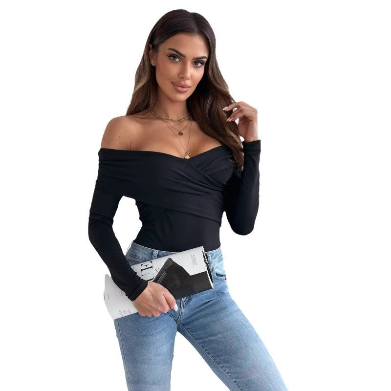 Damen Off-Shoulder Oberteil mit Wickeldesign und langem Arm Drune