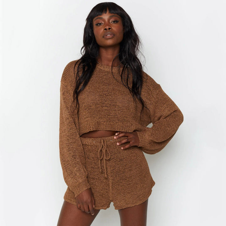 Damen lässiges Shorts- und Sweater-Set mit weitem Schnitt und Kordelzug Drune