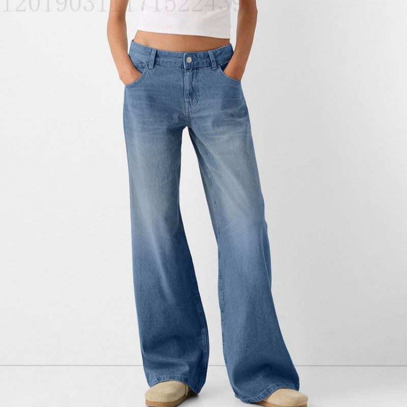 Damen Weite Jeans mit hoher Taille und klassischen Taschen Drune