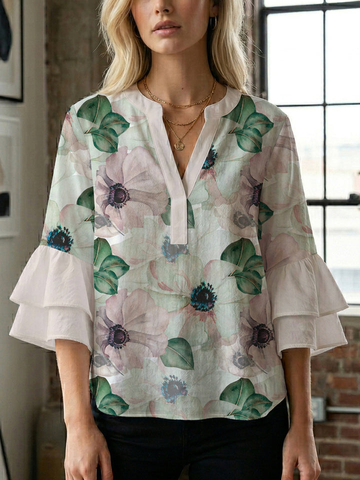 Damen Bluse mit voluminösen Ärmeln und floralem Design Drune