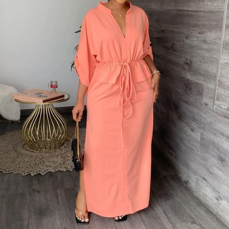 Damen Maxikleid mit Taillierung und offenem Kragen Drune