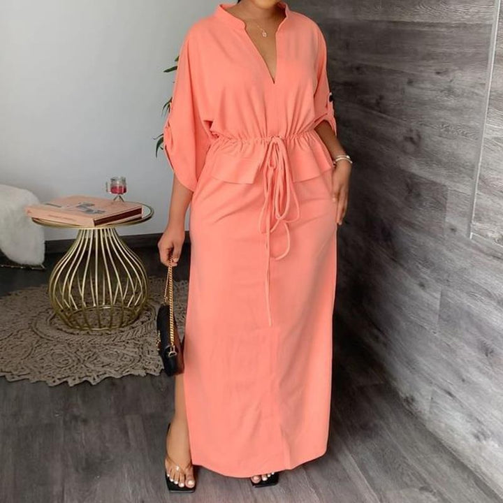 Damen Maxikleid mit Taillierung und offenem Kragen Drune