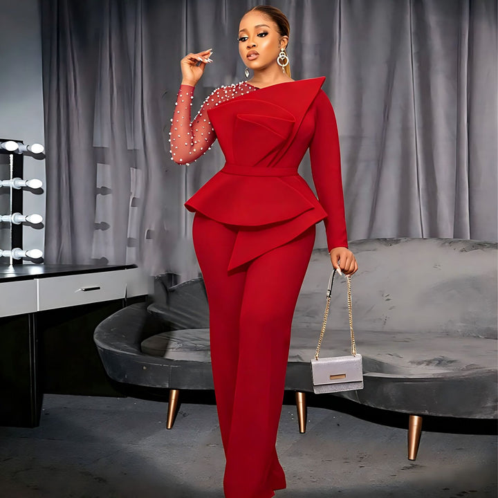 Damen eleganter Jumpsuit mit asymmetrischem Oberteil und raffiniertem Rüschendesign Drune