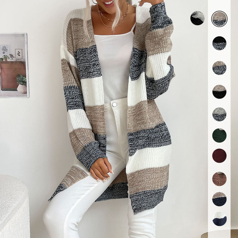 Damen Longline Strickcardigan mit breiten Blockstreifen, offener Front und überschnittener Schulter Drune