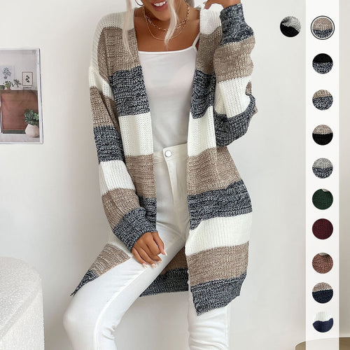 Damen Longline Strickcardigan mit breiten Blockstreifen, offener Front und überschnittener Schulter Drune