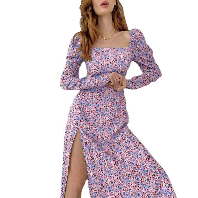 Damen Midikleid mit quadratischem Ausschnitt, tailliertem Bustier-Oberteil, Puffschulter und hohem Beinschlitz Drune