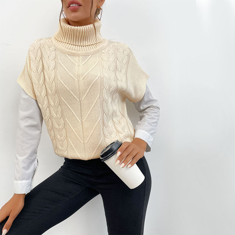 Damen Strickwesten-Pullover mit Zopfmuster und hohem Rollkragen Drune