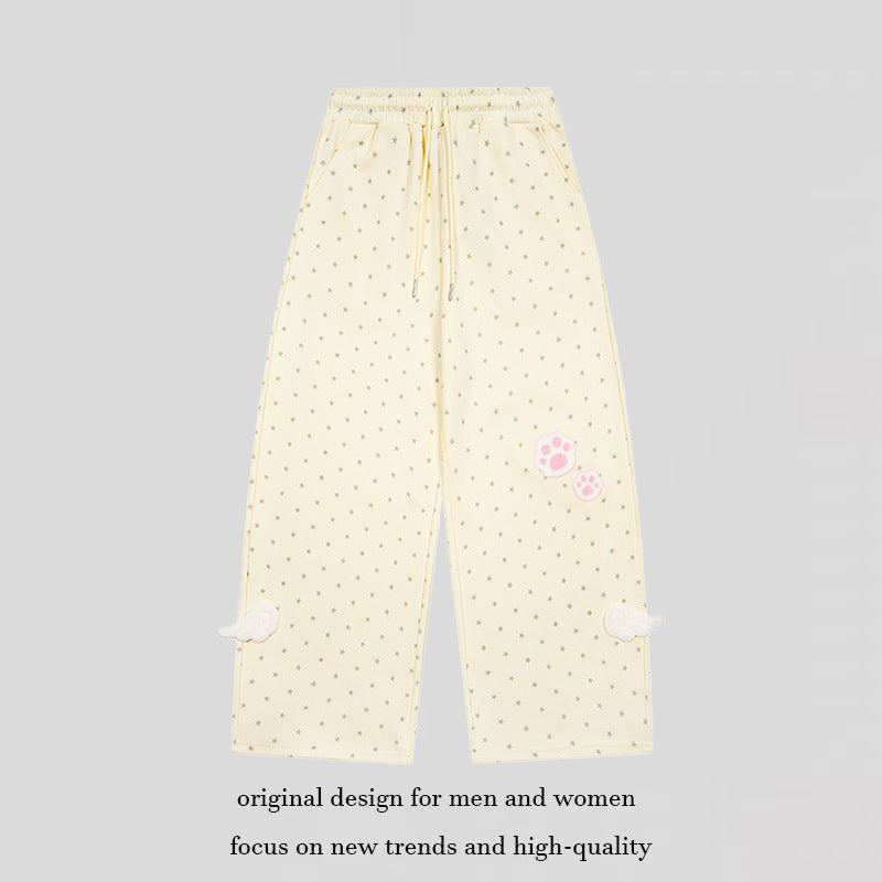 Damen Weite Lounge-Hose mit elastischem Bund, Sternenallover und Pfoten-Applikation Drune