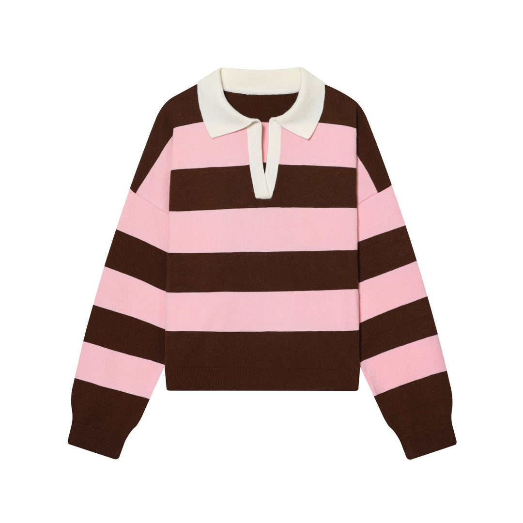 Damen nan gestreifter Rugby-Pullover mit Polokragen, offenem V‑Ausschnitt und breitem Rippbund Drune