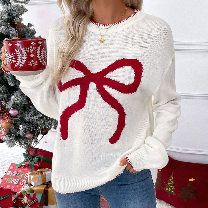 Damen Weihnachtlicher Strickpullover mit Schleifenmotiv Drune